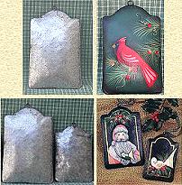 ORNAMENT PUFFED RECTANGLE LUGGAGE TAG W/ ARC TOP C & D. FOLK ART TIN